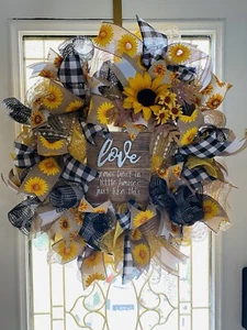 Fall Wreath Autumn Sunflower Handmade with Burlap Leaf Mesh Ribbon  Large 22” - Picture 1 of 4