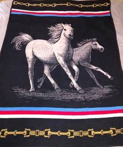 Vintage San Marcos Horses Blanket 76" x 54" Black Pink Reversible w/Tag Western - Picture 1 of 10