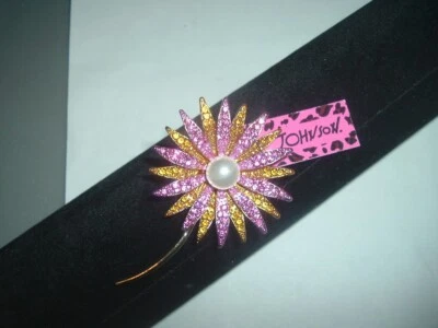 Betsey Johnson PINK Yellow Pave Crystal FLOWER PEARL GOLD STEM Pin BROOCH-NWT - Изображение 1 из 4