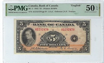 1935 Bank of Canada $5 Dollar  Bank Note BC-5 PMG AU 50 EPQ - Image 1 of 2