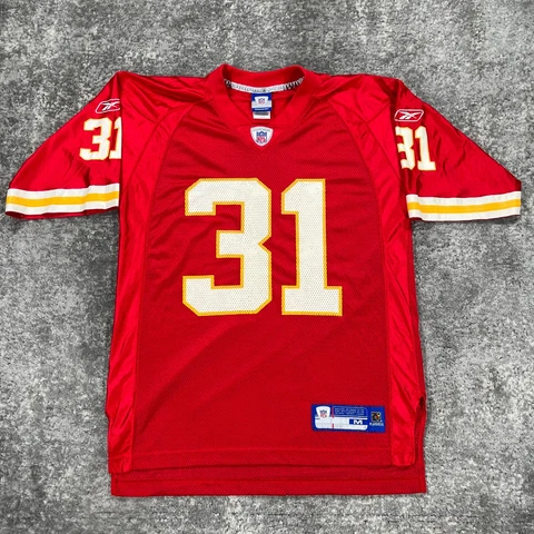 Vintage Kansas City Chiefs Jersey Mens Medium M Red Priest Homes Reebok NFL Logo Cover