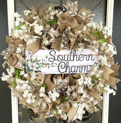 Southern Charm Magnolia & Cotton, Deco Mesh Front Door Wreath, Farmhouse Decor - Image 1 of 4