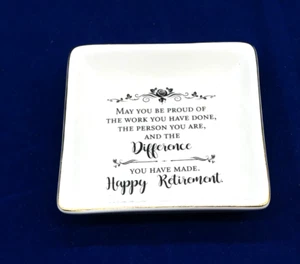 Vintage Happy Retirement 4" Square Jewelry Change Keys Trinket Dish Gold Rim - Picture 1 of 6