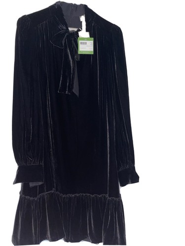 Mini Abito Kate Spade Nero Velluto Cravatta Cambio Anteriore Orlo Increspato Taglia XS NUOVO CON ETICHETTE