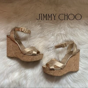 Jimmy Choo PAPYRUS Gold Glitter LOGO PLATE Cork Wedge Sandals EU 41 I LOVE SHOES - Picture 1 of 11