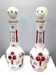 Rare Pair of Vintage Moser Bohemian Czech 15" Cut-To-Cranberry Overlay Decanters - Picture 1 of 14