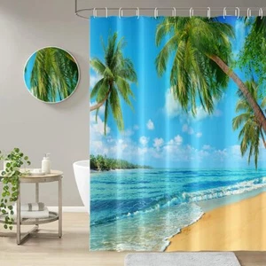 Summer Beach Sea Shower Curtain 72x72" Green Palm Trees Waterproof with Hooks - Picture 1 of 7