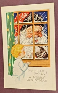 Santa Outside Window, Child Looking Out At Him - Embossed Christmas Postcard - Bild 1 von 2