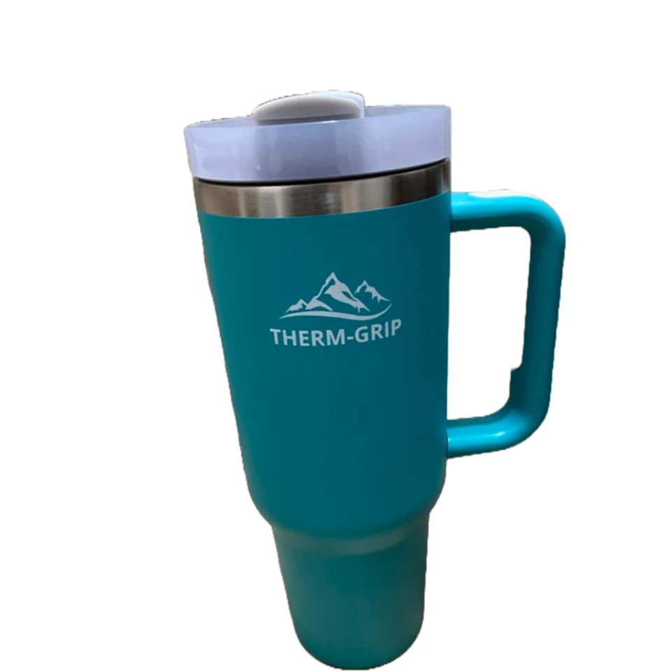 Vidrio térmico Therm-Grip 40 oz con mango y pajita - verde oliva Foto 1 de 4