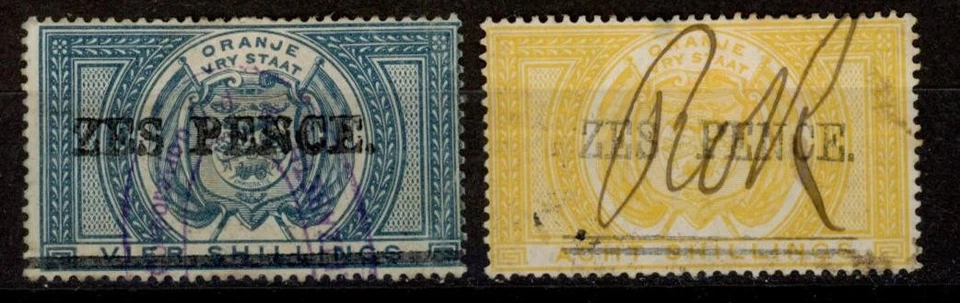 Orange Free State South Africa revenues 1886 6 Pence on 4 and 8 Sh. fiscal - Image 1 of 1