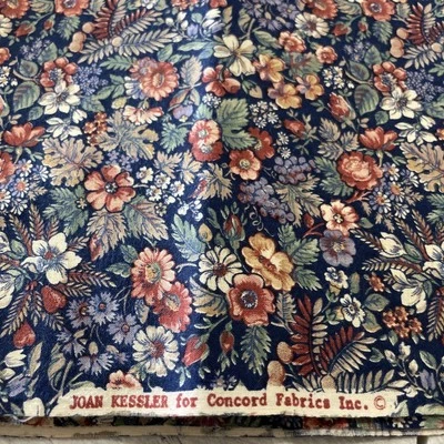 Vintage Joan Kessler Concord Fabric 2 Yd 6”x42" Small Flowers Navy Background - Image 1 of 2