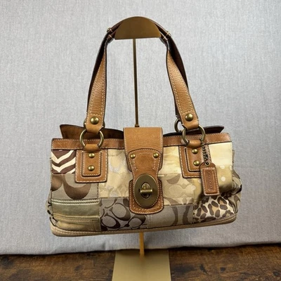 ТРЕНЕР 10816 бежевый подпись холст кожи лоскутная сумка с короткими ручками ручная сумка замок Y2K - Изображение 1 из 4