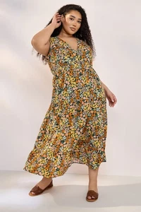 Yours Curve Women's Plus Size Floral Print Tiered Midaxi Dress - Picture 1 of 7