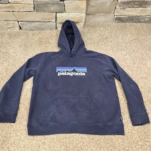 Patagonia Uprisal Sweatshirt Mens XL Navy Blue Hoodie Print Logo - Picture 1 of 7