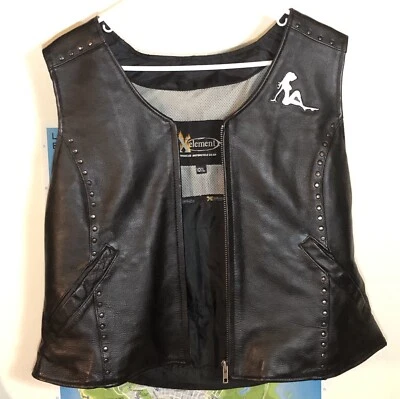 Leather Motorcycle Vest X-element Womens XXL Black Studs Zipper, Custom Patches - Image 1 of 4