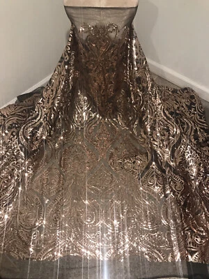 Gold Black1way Stretch Embroidery sequins Mesh Lace fabric 50” Width 1 Yard - Image 1 of 4