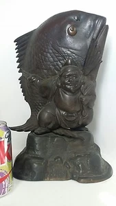 Antique Japanese God Ebisu and Carp Fish - Bronze Patina - 13" high - Picture 1 of 10