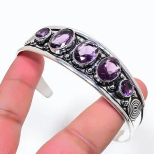 Purple Amethyst Gemstone 925 Sterling Silver Jewelry Adjustable Cuff Bracelet - Picture 1 of 1