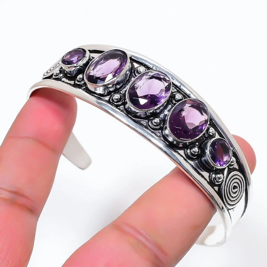 Purple Amethyst Gemstone 925 Sterling Silver Jewelry Adjustable Cuff Bracelet - Image 1 of 1