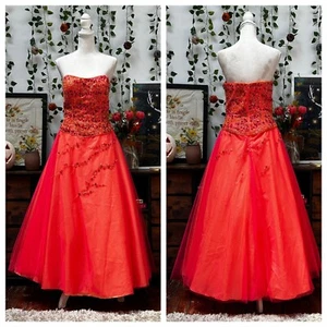 Vintage Y2K 2000s Prom Dress Orange Pink Beaded Strapless Ball Gown S - Picture 1 of 11