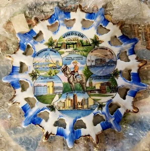 Vtg 6" Windsor Canada Detroit Souvenir Wall Plate Pierced Mountie Bridge Tunnel - Picture 1 of 7