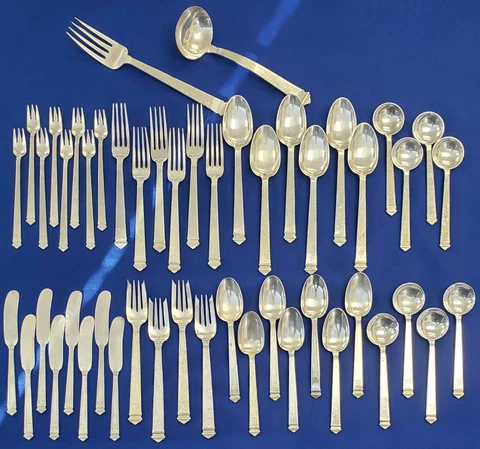 Tiffany Hampton Sterling Silver Flatware Set 49 pc Monogram 1934 Cover