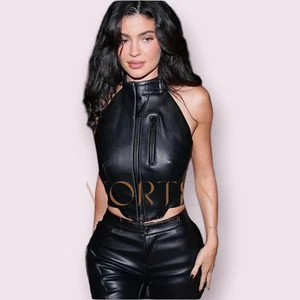 Women Genuine Leather corset Top Black Pulover Puffed Sleeves punk biker Style - Picture 1 of 5