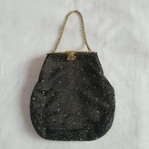 Vintage Filigree Bag Purse black gold top chain filigree snap top clasp lined - Picture 1 of 17