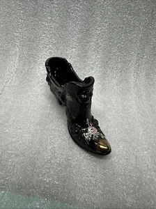 Vintage Fenton Black Glass Shoe Victorian Slipper signed hand painted Embossed - Picture 1 of 8