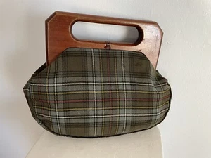 Vintage Trimingham's Bermuda Clutch Handbag Green Plaid Bermuda Cedar Handle - Picture 1 of 10