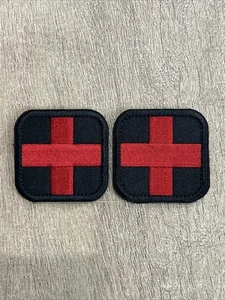 2pk PVC Medic First Aid Red Cross EMT Combat Paramedic Patch 2”x2” Hook - Black - Picture 1 of 4