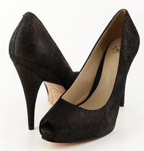 $220 JOAN & DAVID FELICITA Black Gold Designer Peep Toe Heels Pumps 6.5 - Picture 1 of 4