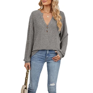 Blusa con botones de manga larga: top informal con cuello en V para mujer par... - Picture 1 of 10