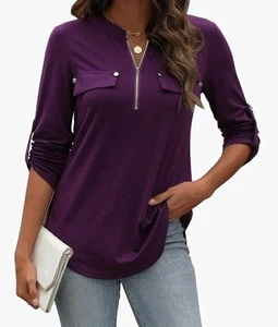 Blusas informales de trabajo LuckyMore para mujer manga 3/4 con puños cremallera cuello en V talla XL - Imagen 1 de 6