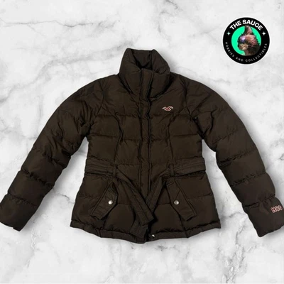 Hollister Down Puffer Jacket Medium Brown Full Zip Long Sleeve Women’s Logo Y2K - Image 1 of 4