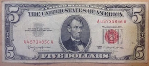 Circulated US Currency 1963 $5 United States Note Red Seal Banknote A45734856A - Picture 1 of 2