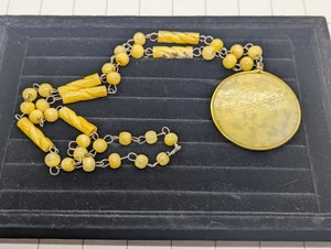 Vintage Carved Elephant Aztec Medallion Pendant Yellow Agate Beaded Necklace  - Picture 1 of 4