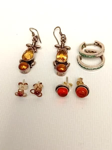 SILVER EARRINGS FOUR PAIRS AMBER EMERALD GARNET OTHER - Picture 1 of 3