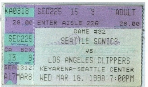 1997-98 Seattle Super Sonics v LOS ANGELES CLIPPERS ~USED Ticket Stub 3/18/98 Cover