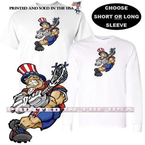 Uncle Sam Patriotic Lacrosse Sport Team Mascot Player Cartoon Custom T Shirt  - Picture 1 of 4