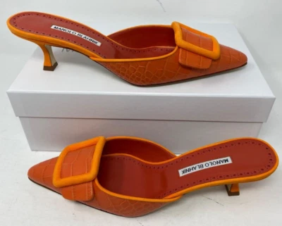 Manolo Blahnik Maysalebi Fivela Laranja Bora 50MM Biqueira Pontiaguda Mula EUA 9.5 39.5 UE - Imagem 1 de 4