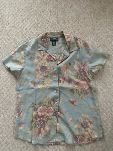 Ralph Lauren 100% Linen Blue Shirt Embroidered Logo Pocket Floral Size UK S VGC - Picture 1 of 6