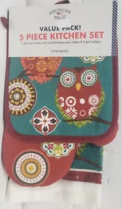 5 pc KITCHEN SET: 2 POT HOLDERS,1 OVEN MITT & 2 TOWELS, MOROCCAN KABASH OWLS, AM - Picture 1 of 9