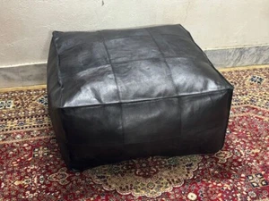 Square 30'' Black Leather Moroccan Luxurious Ottoman Unstuffed Pouffe Boho - Picture 1 of 12