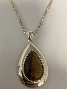 925 China Large Tiger Eye Tear Drop  Pendant & 925 Sterling Silver 17” Chain