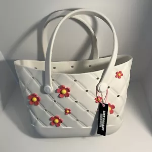 LIKE DREAMS rubber quilted/EVA/women's medium tote bag WHITE & pink daisies NWT - Picture 1 of 9