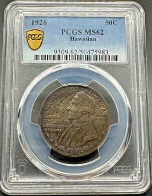 1928 HAWAIIAN COMMEMORATIVE SILVER HALF DOLLAR PCGS MS62 TONED 9XEBB25 - Image 1 of 4