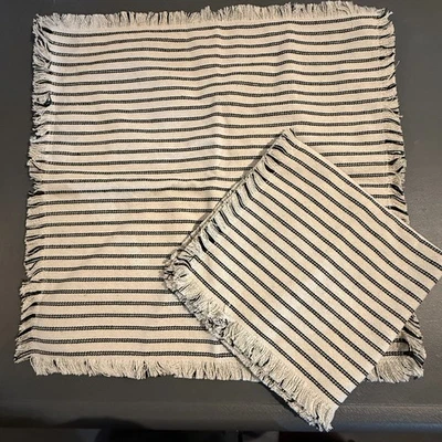 NEW Set of 2 Farmhouse Pillow Covers fringe18x18 inch Beige with Black Stripes - Image 1 of 4