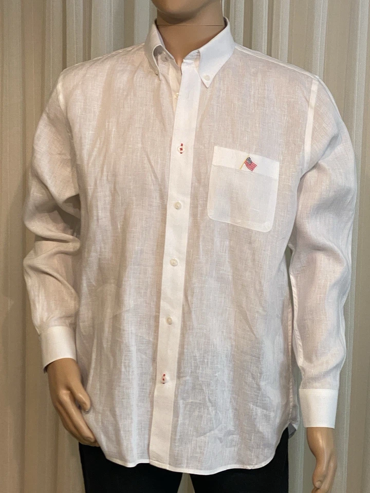 Camisa Náufrago Manga Larga Con Botones Blanco Lino Bandera Americana Bolsillo Mediana Foto 1 de 4