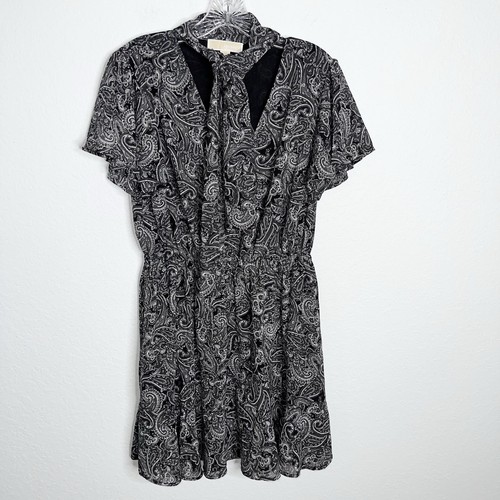 Michael Kors Vestito Donna Grande Paisley Fiocco Scollo Mini Manica Corta Nero Bianco Q